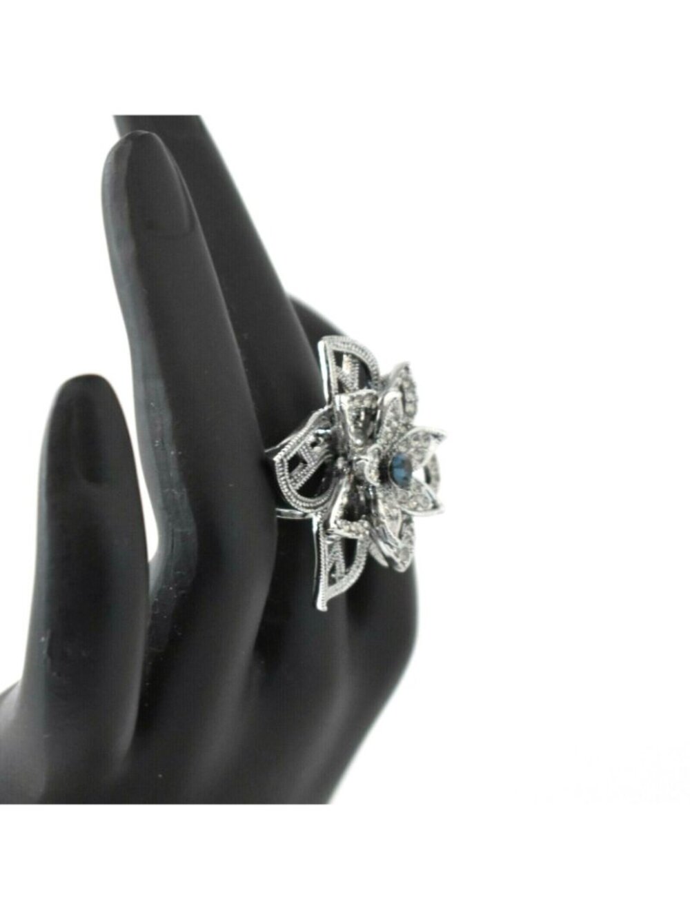Blue Crystal Flower Ring Silver Rhinestone Statement Cocktail Jewelry Size 6.25 - Picture 5 of 8